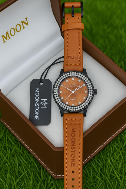 Moonstone Elegant Crystal Dial Watch – Leather Strap
