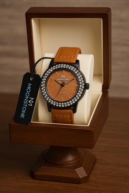 Moonstone Elegant Crystal Dial Watch – Leather Strap