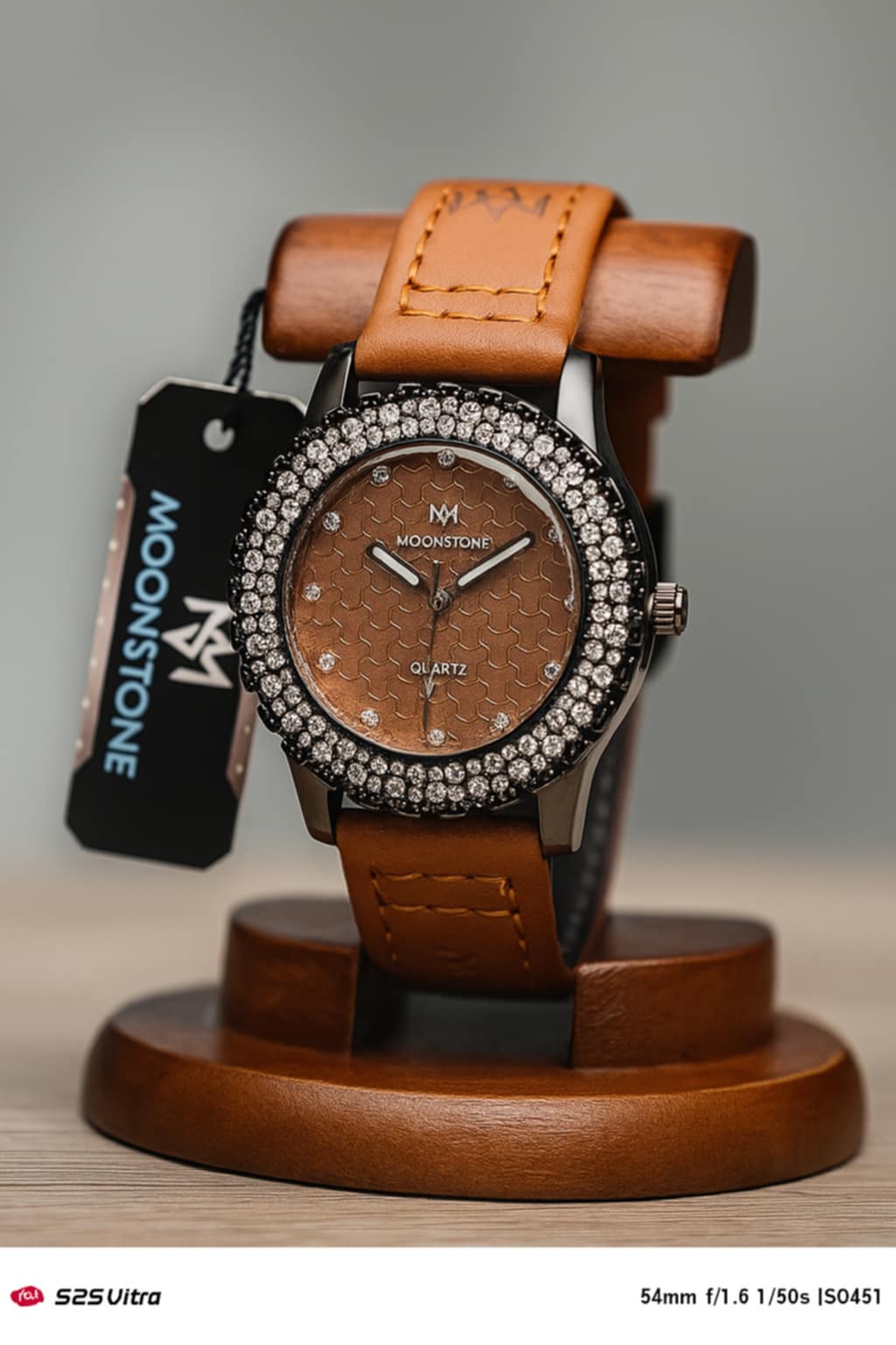 Moonstone Elegant Crystal Dial Watch – Leather Strap