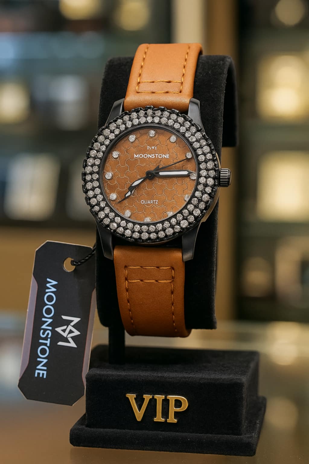 Moonstone Elegant Crystal Dial Watch – Leather Strap