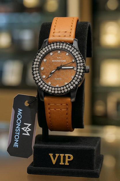 Moonstone Elegant Crystal Dial Watch – Leather Strap
